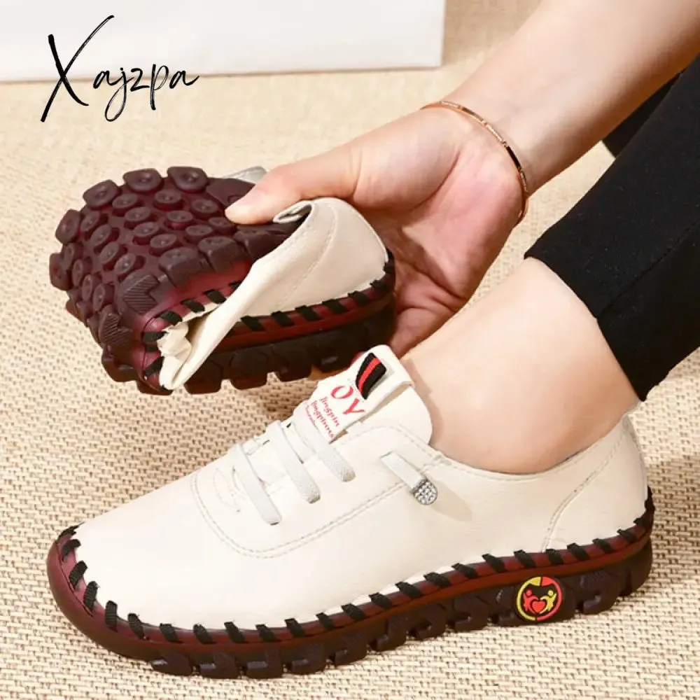 Xajzpa - New Spring Casual Women Shoes Platform Loafers Lace Up Leather Flats Slip-On Mom Shoe Mujer Zapatos Chaussure Femme